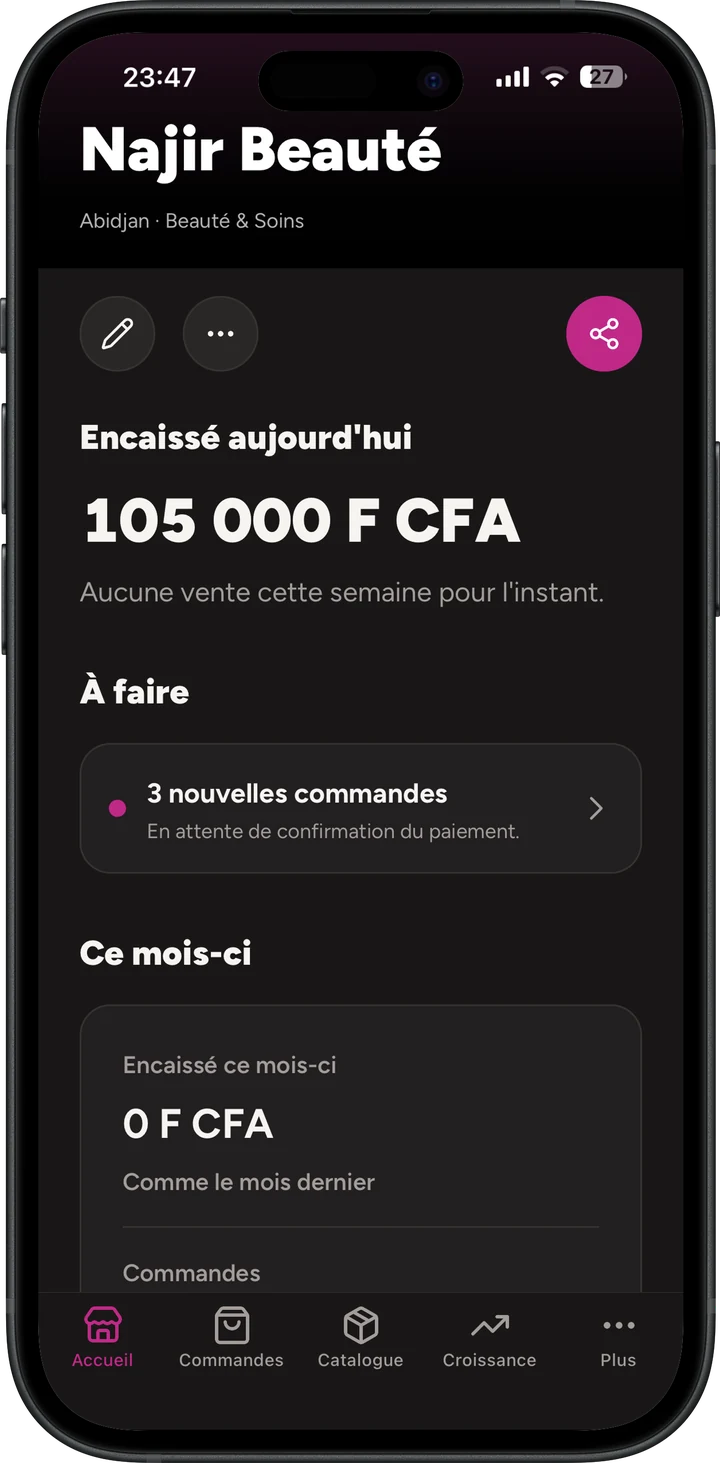 L'application Shabaya : la boutique Najir Beauté, 105 000 F CFA encaissés aujourd'hui et 3 commandes à confirmer