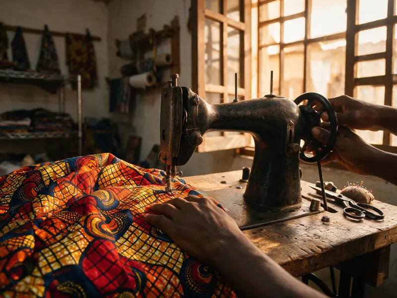 Mains d'un tailleur guidant du tissu dans une machine à coudre