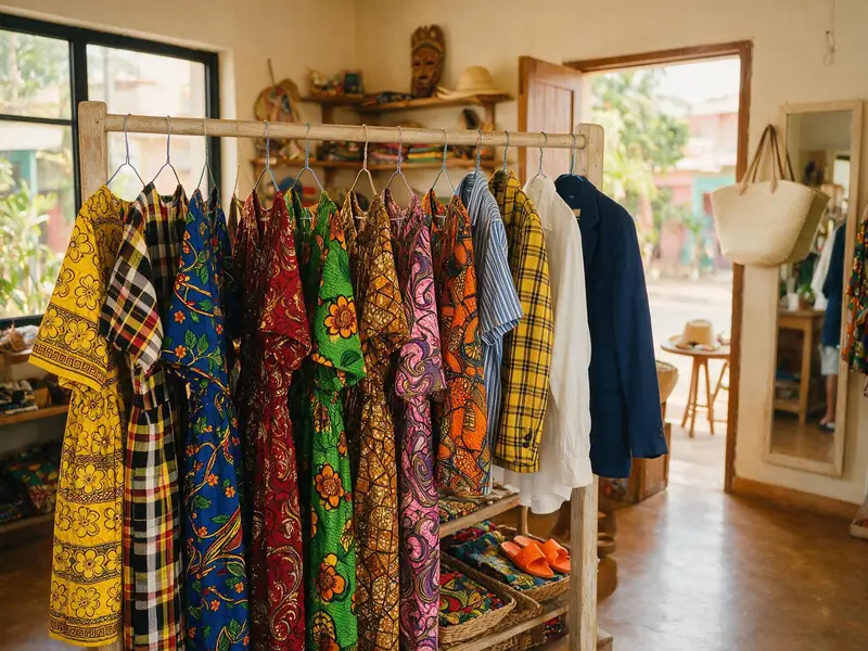 Portant de vêtements en tissu wax dans une boutique