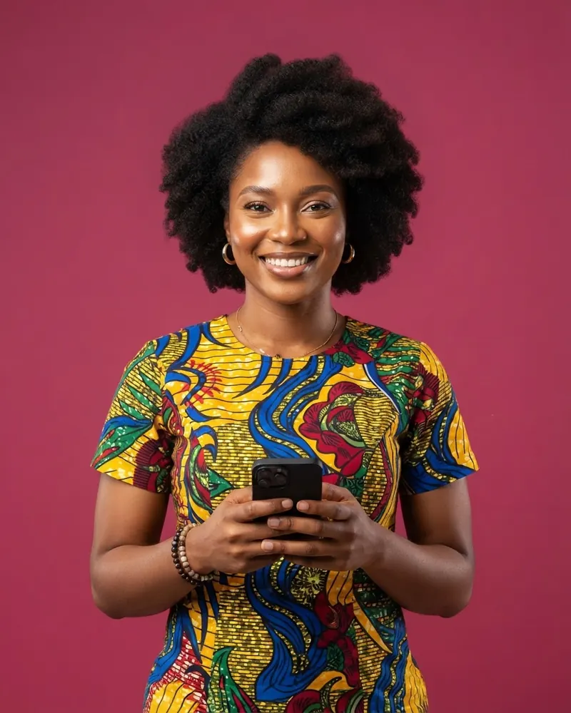 Une commerçante ivoirienne souriante, téléphone à la main