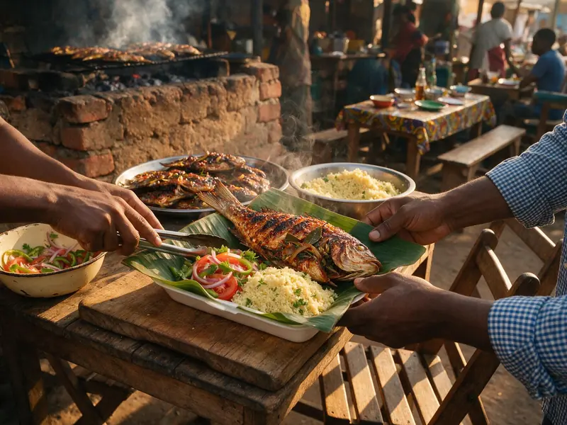 Plat de poisson braisé et attiéké préparé pour la livraison